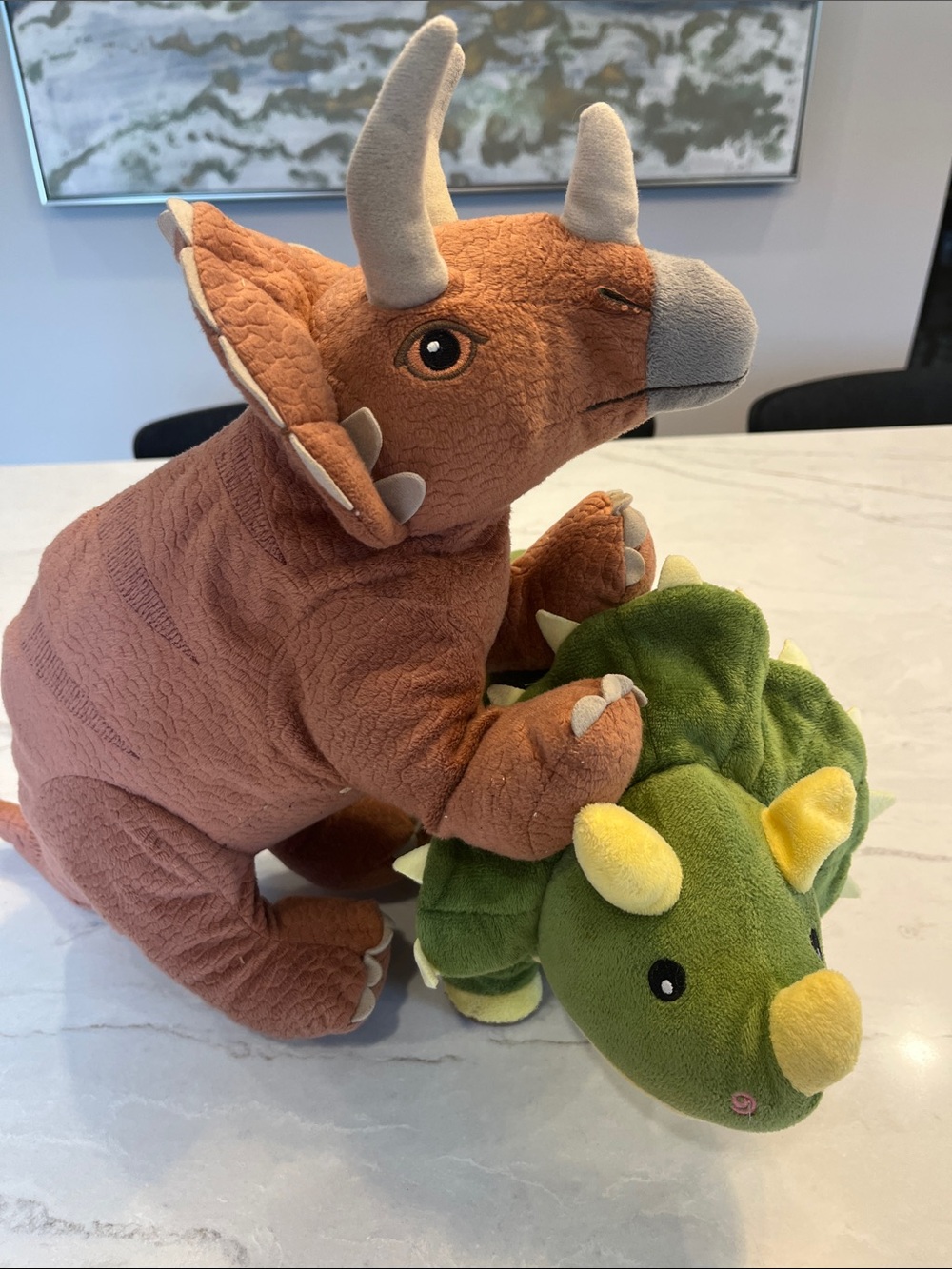 Plush Triceratops Duo — Brown and Green Soft Stuffed Dinosaurs